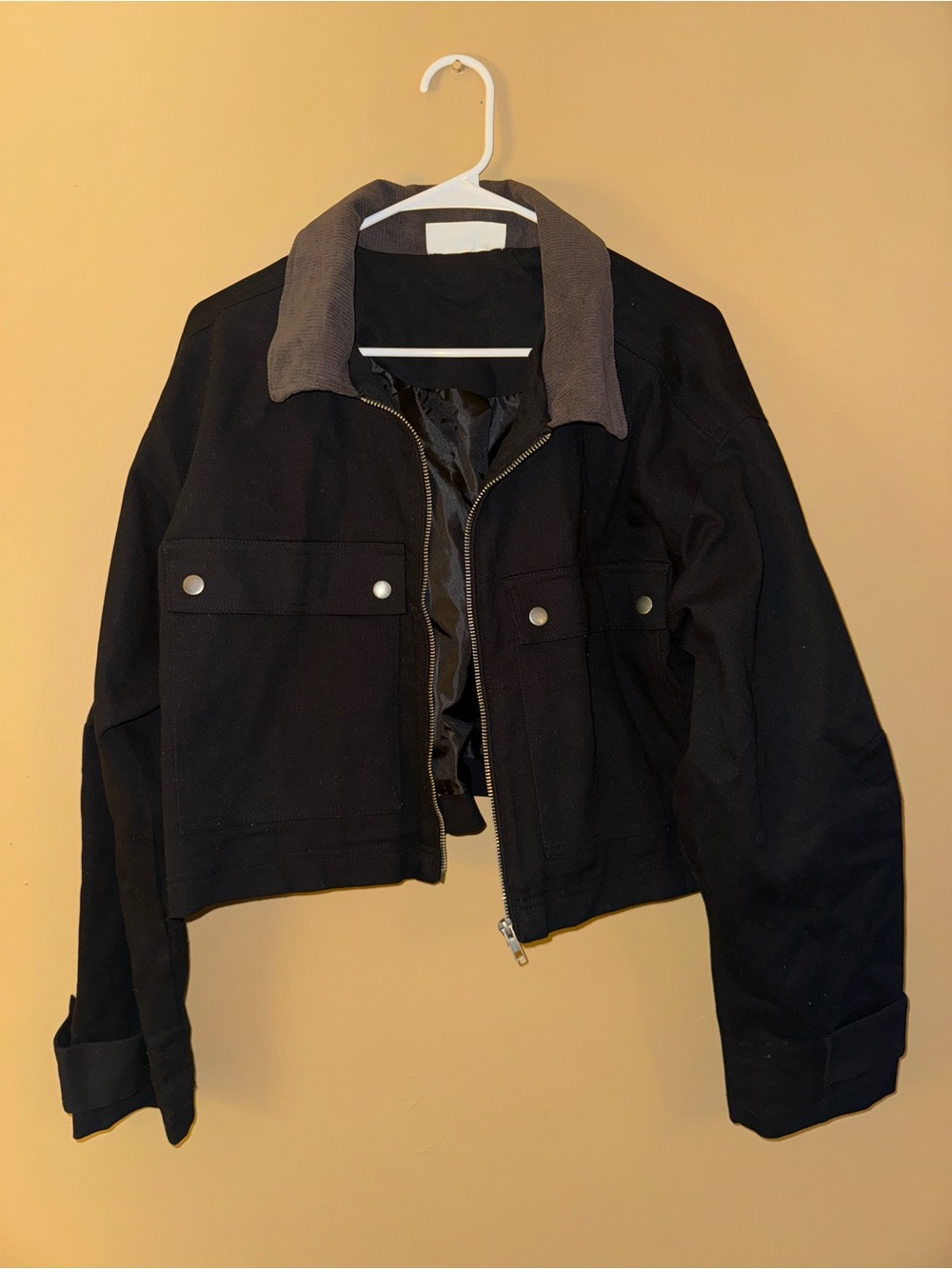 No Boundaries Black Utility Jacket with Gray Contrast Collar